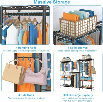 Kledingrek voor het ophangen van kleding, verstelbaar zwaar kledingrek met 4 hangstangen en 7 planken, belastbaar tot 800 lbs, 70 x 13,5 inch B x 76 inch H, zwart