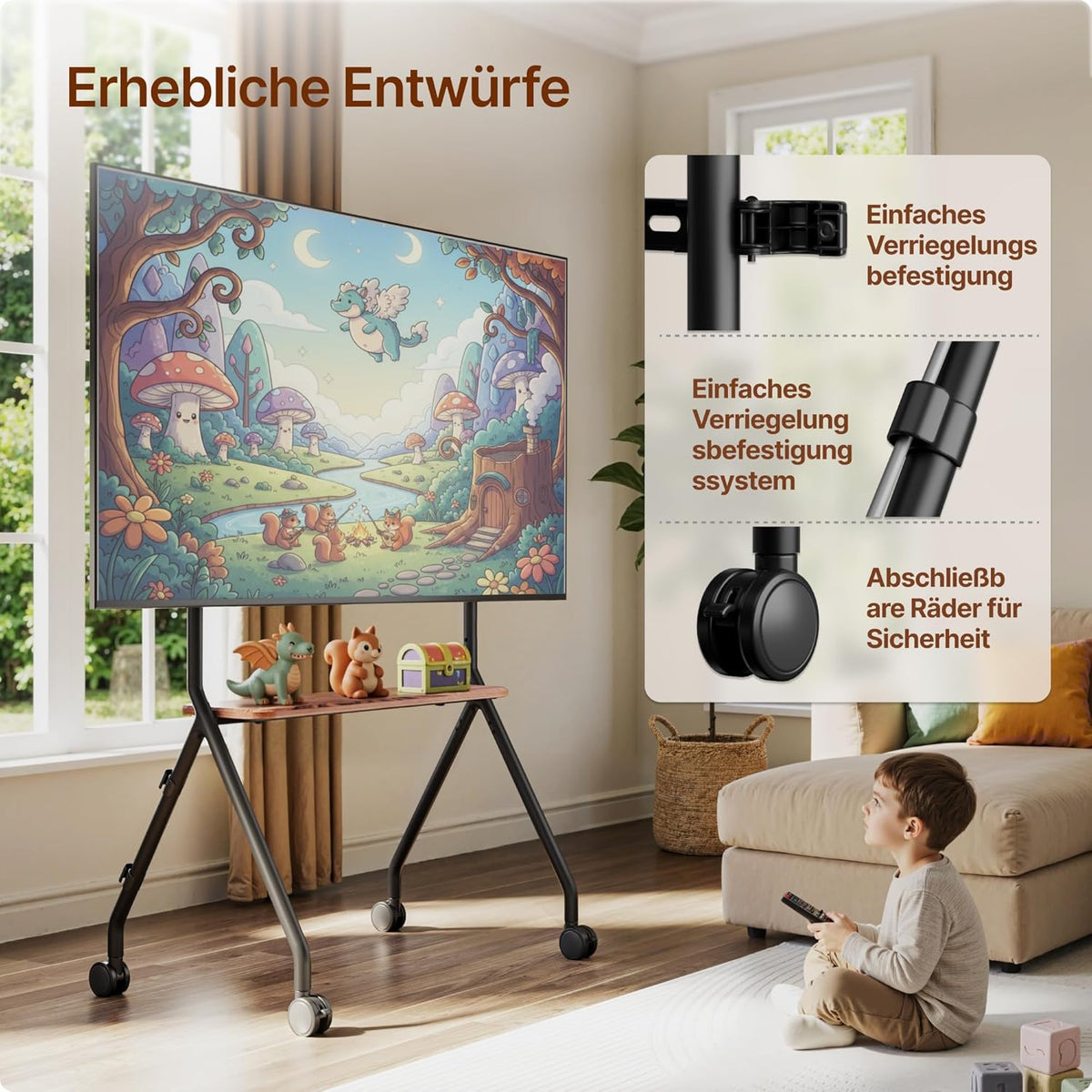 Tv-standaard oprolbaar voor 49-80 inch televisie, 50 kg draagkracht, portret- en landschapsformaat, stabiele mobiele tv-wagen met plank, max. VESA 600x400mm (zwart)