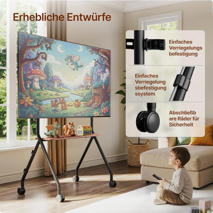Tv-standaard oprolbaar voor 49-80 inch televisie, 50 kg draagkracht, portret- en landschapsformaat, stabiele mobiele tv-wagen met plank, max. VESA 600x400mm (zwart)