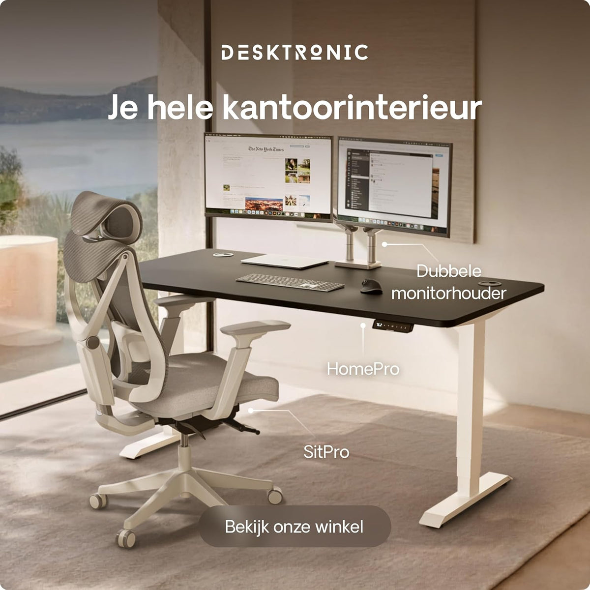 Desktronic Desk Sit-Stand - 120x60 cm - Height Adjustable Desk with USB/USB-C, 3 Memory Modes, Dual Motor and Touchscreen Control Electric Table for Comfort and Productivity. - QUORE