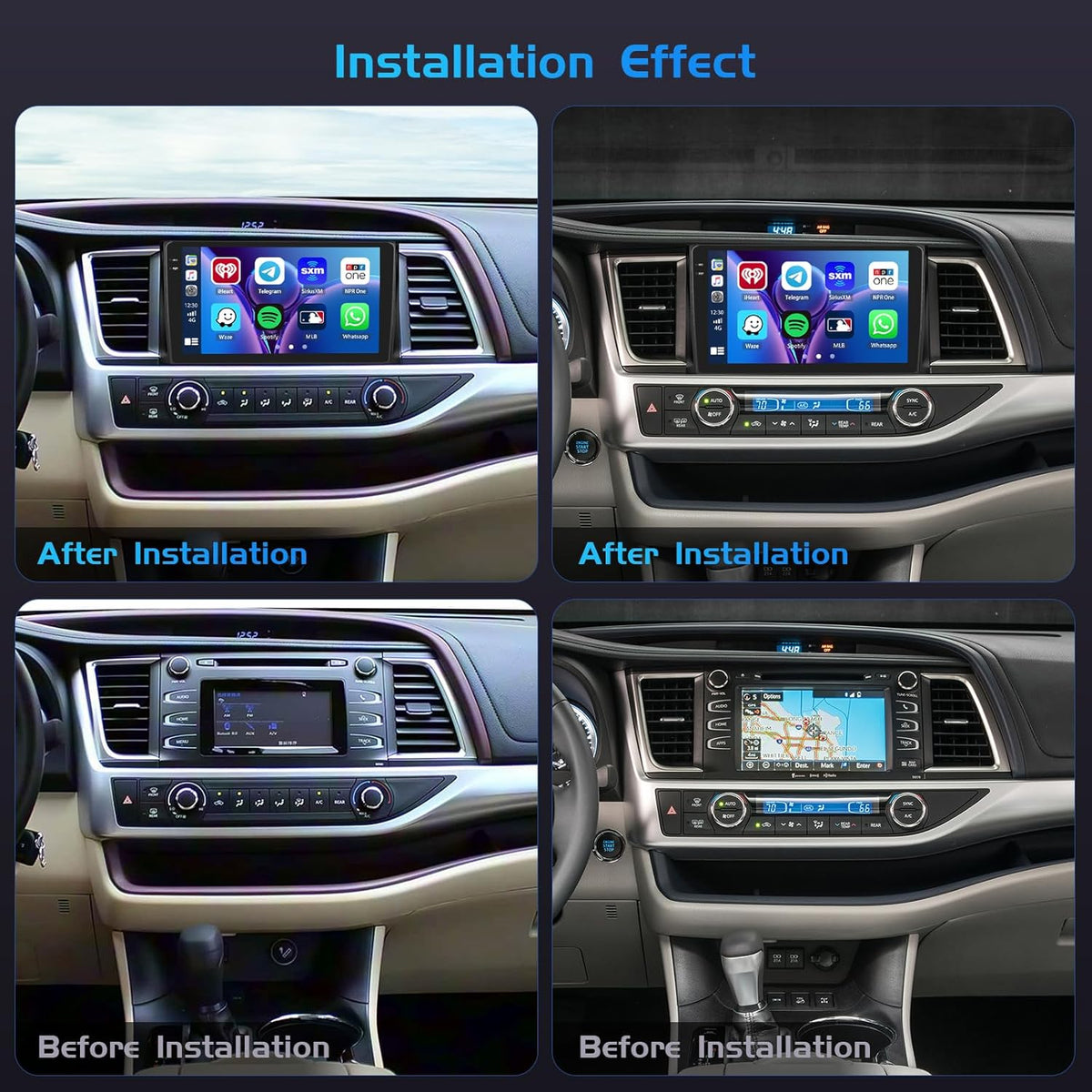 4+128G autoradio voor Toyota Highlander 2015-2018, Android 15 met 10 inch In-Cell scherm, ondersteunt draadloze CarPlay en Android Auto, Mirror Link, FM/RDS-radio, GPS, wifi, Bluetooth en SWC.