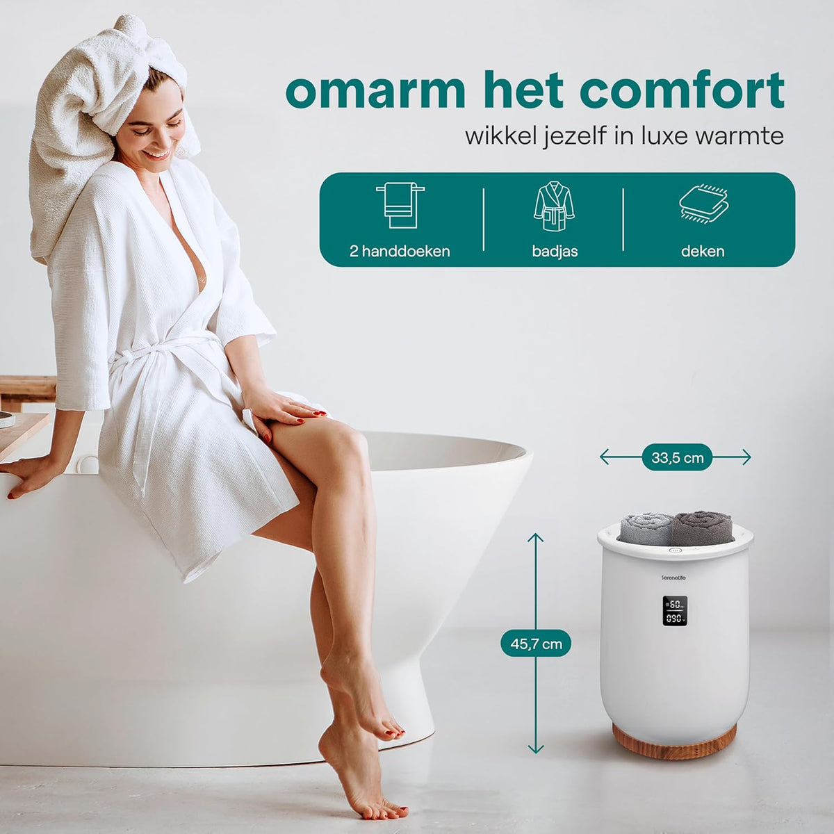 SereneLife Towel Warmer, 20L Capacity Hot Towel and Blanket Warmer with Digital Screen, Heating Time (20-90 min), Holds 2 Large Towels, Scented Disc Holder, 13" x 13" x 19" - QUORE