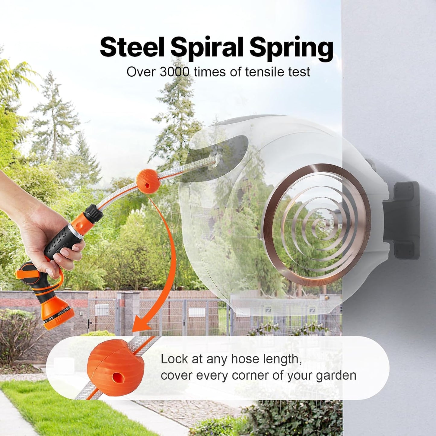 VEVOR Intrekbare tuinslanghaspel, 1/2" x 100 ft wandgemonteerde slanghaspel, zware tuin met 9 patronen mondstuk, elk lengteslot, automatisch terugspoelen langzaam retoursysteem en 180 ° draaibare