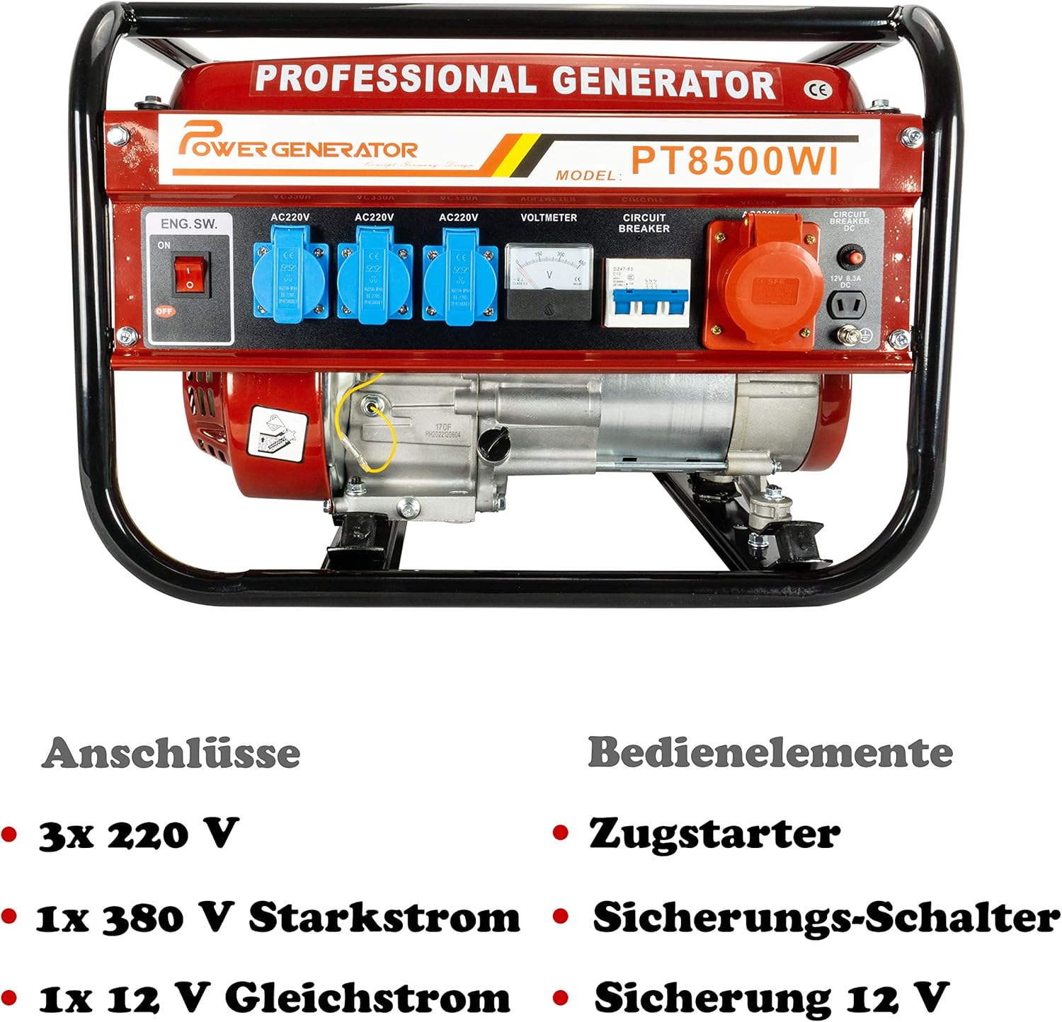 Petrol power generator, power generator with accessories, silent emergency generator, 5 sockets, 3 x 230 V, 1 x 400 V, 1 x 12 V, 6.5 hp (power generator with pull starter) - QUORE
