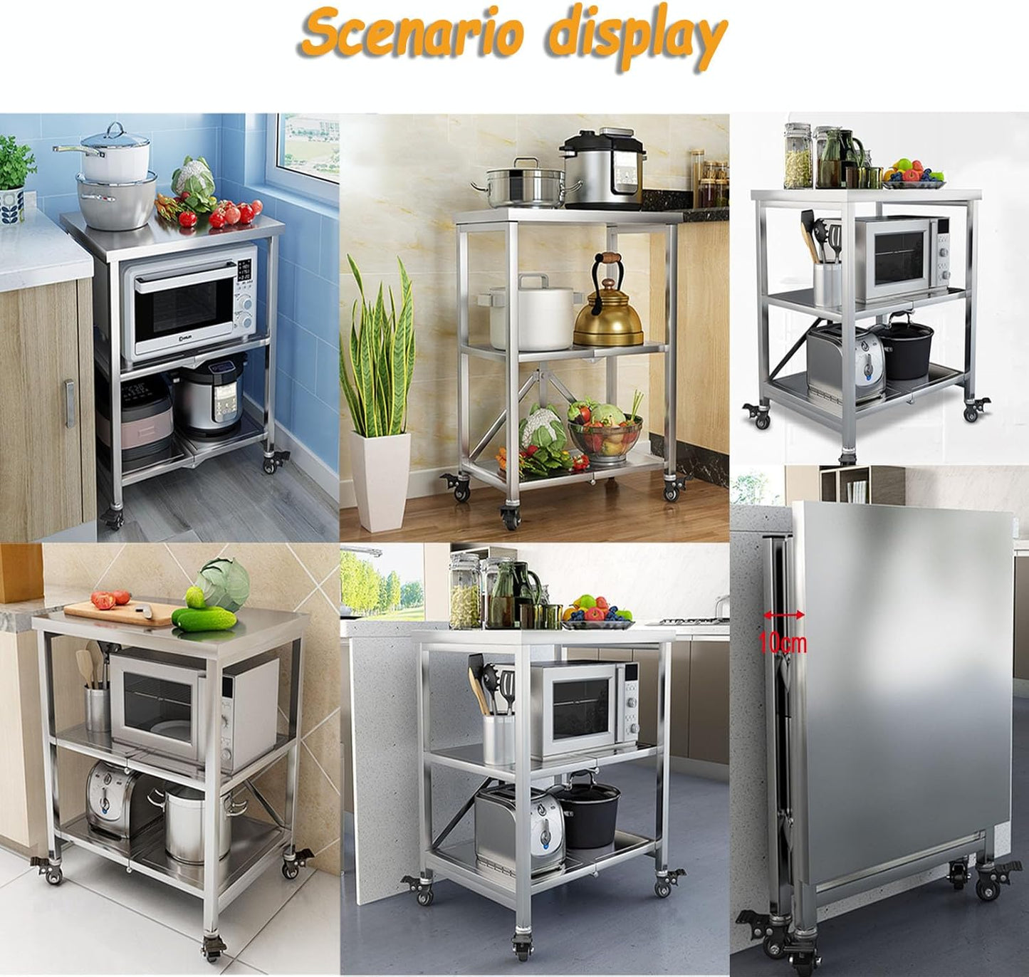 AMSXNOO Serveerwagen roestvrij staal, 3 planken opvouwbare transportwagen opslag rek rek keukentrolley trolley met wielen, multifunctionele trolley voor restaurant hotel school huishoudelijke wagen