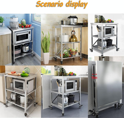 AMSXNOO Serveerwagen roestvrij staal, 3 planken opvouwbare transportwagen opslag rek rek keukentrolley trolley met wielen, multifunctionele trolley voor restaurant hotel school huishoudelijke wagen