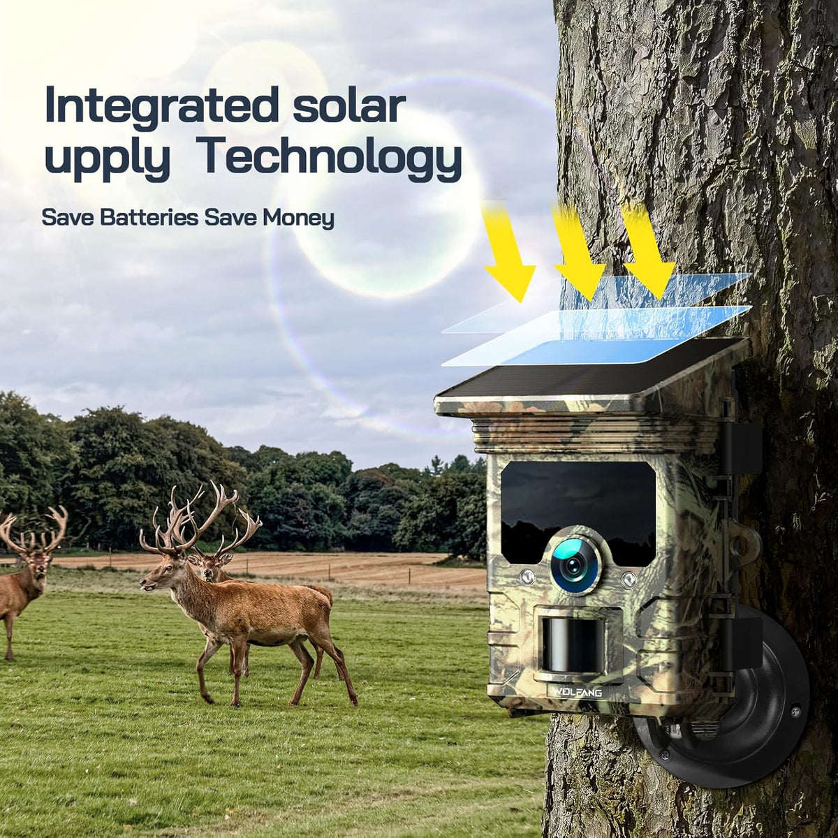 WOLFANG Solar Wildlife Camera 4K 68MP, WiFi Bluetooth Trail Camera met Nachtzicht Motion Activated 0.1s Trigger Time IP66 Waterdichte Game Camera voor Wildlife Monitoring met U3 32GB Micro SD-kaart