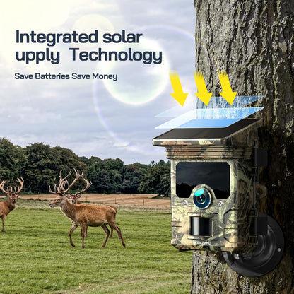 WOLFANG Solar Wildlife Camera 4K 68MP, WiFi Bluetooth Trail Camera met Nachtzicht Motion Activated 0.1s Trigger Time IP66 Waterdichte Game Camera voor Wildlife Monitoring met U3 32GB Micro SD-kaart