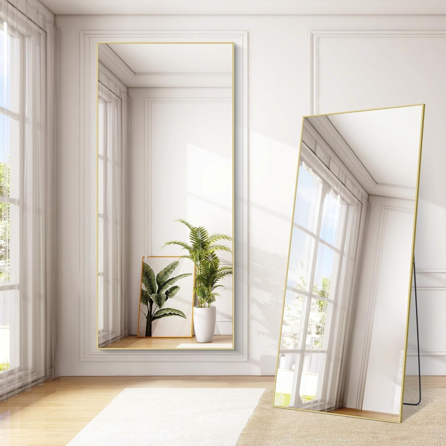 Rechthoekige full-body spiegel, 192 x 85 cm staande spiegel met gouden aluminium frame, grote wandspiegel vloerspiegel voor slaapkamer, entree, hal, woondecoratie