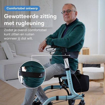 Rollator lichtgewicht en opvouwbaar - zitfunctie - voor binnen en buiten - rugleuningen en wandelstok houder (Blauw)
