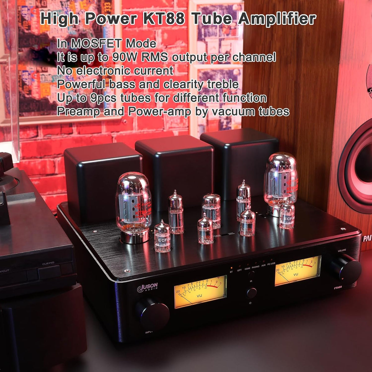 Juson Audio FTA88 Upgrade KT88 ventielbuisversterker, klasse A, hifi-vacuümversterker met BT 5.4 Mosfet, enkelvoudig, dual mode-afstandsbediening, aptX-HD (FTA88 2025)