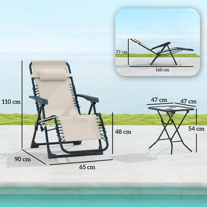 Opvouwbare Ligstoelenset – Ligstoel – Relaxstoel – Tuinstoel – Balkonstoel – Weerbestendig Metalen Frame – 5-Standen Verstelbare Rugleuning – Inclusief Tafel Met Bekerhouders – Beige