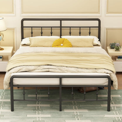 EMODA Metalen Bed Frame 160 x 200 cm met vintage style Hoofdeinde en Voetenbord, Heavy Duty Bedframe 36cm hoog met stalen lattenbodem, Eenvoudige montage, Geluidsvrij, Zwart