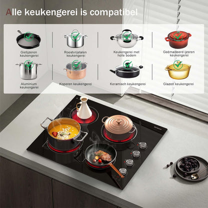 Keramische kookplaat 4 platen, knop & tiptoetsbediening, ingebouwde keramische kookplaat 60cm 6000W, elektrische kookplaat met veiligheidsvergrendeling, timer, pauzefunctie