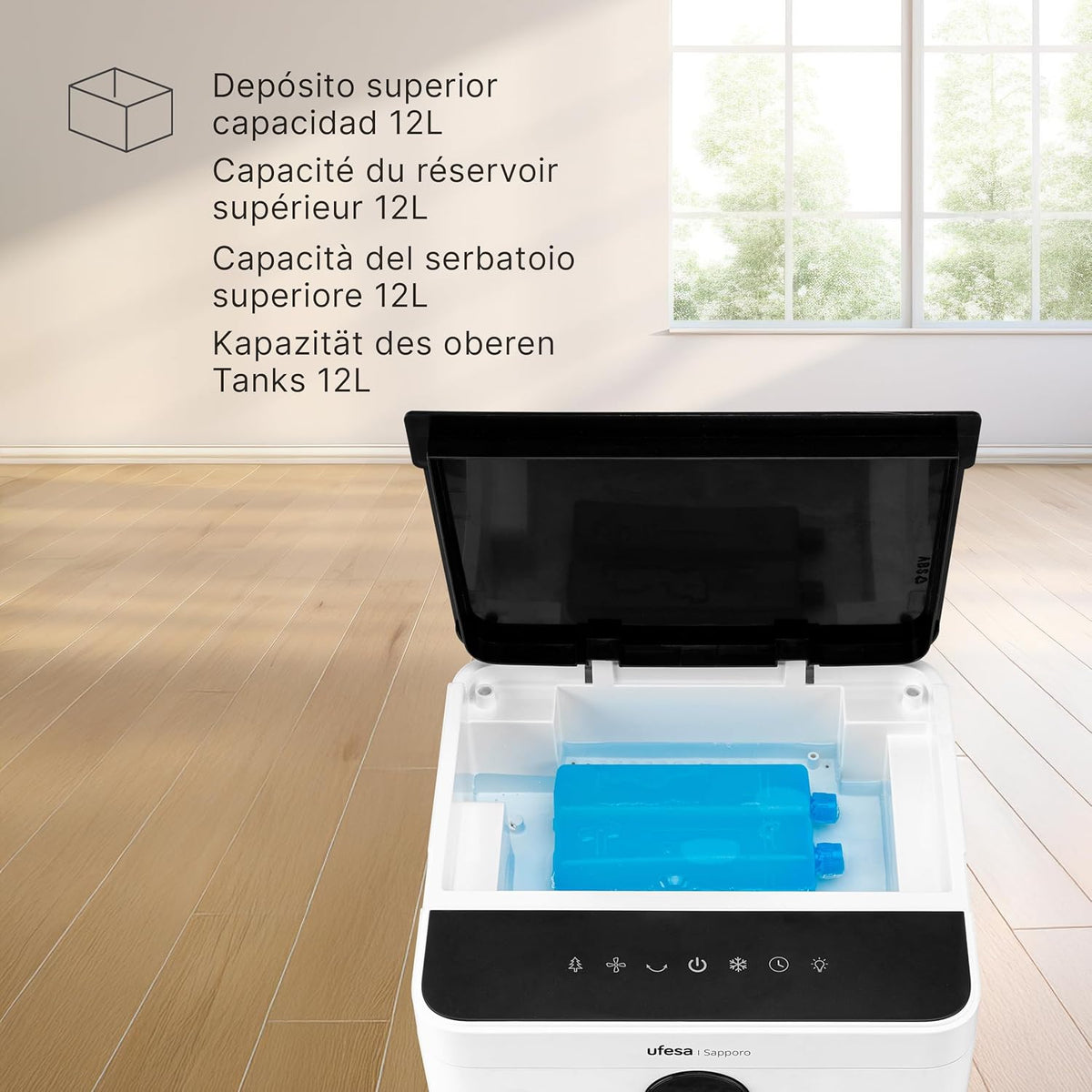 Ufesa Sapporo Verdampingskoeler, 100 W, koelfunctie en ventilator, 3 snelheden, 3 modi, touch-paneel, tank 12 l, timer 12 uur, wasbaar filter, 2 ijsblokken, afstandsbediening