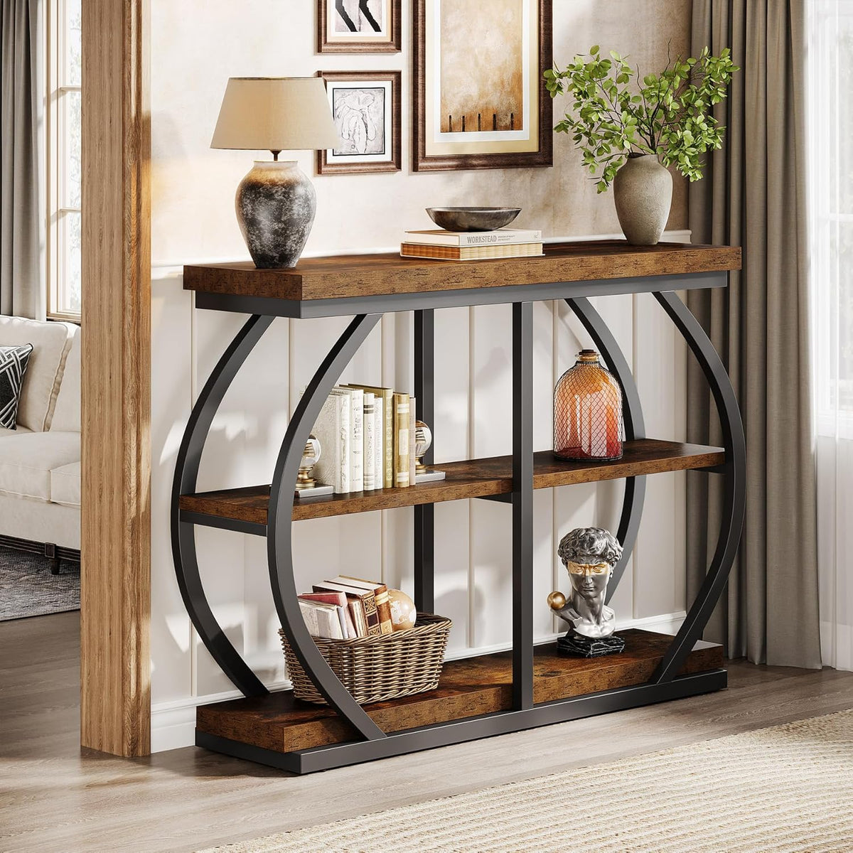 Tribesigns Consoletafel, 104 cm, industriële entreetafel met 3 verdiepingen met gebogen metalen frame en opbergplanken voor woonkamer, hal, rustieke koffie