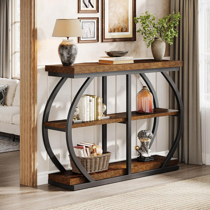 Tribesigns Consoletafel, 104 cm, industriële entreetafel met 3 verdiepingen met gebogen metalen frame en opbergplanken voor woonkamer, hal, rustieke koffie