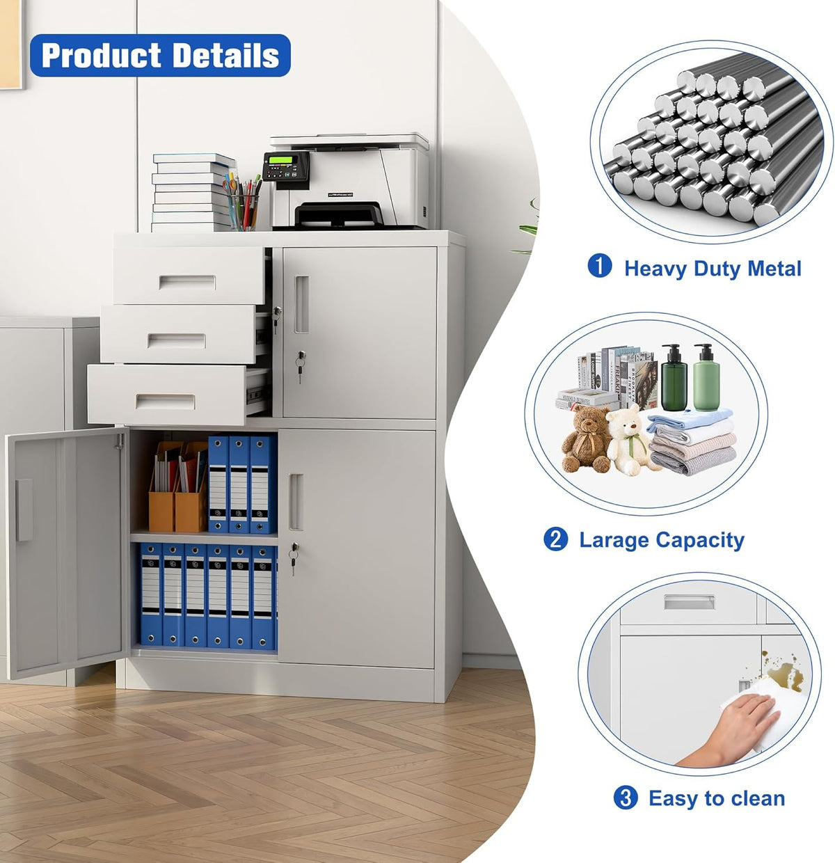 Filing cabinet, metal cabinet with three drawers, magazine cabinets, sheet steel powder coating, steel cabinet for tools, office, 110 x 80 x 40 cm (white - QUORE