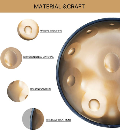 Handpan Drum – Handpan – Hang Drum – Hangdrum – Meditatiedrum – 22 Inch D Mineur 10 Tonen 440 Hz – Gehard Staal – Goud