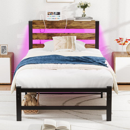 HOMERECOMMEND 3ft eenpersoonsbedframe met USB-laadstation, LED-bedframe met houten opberghoofdeinde, metalen platformbedframe enkele maat, geen boxspring nodig, ondersteuning voor sterke latten