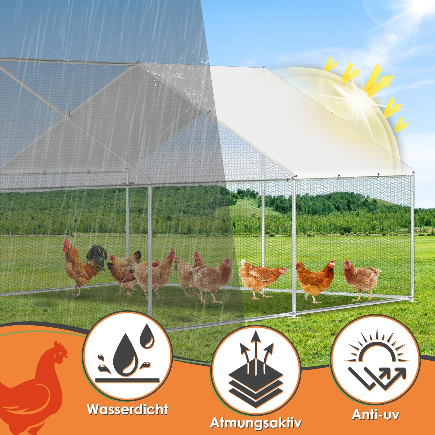 Randaco Chicken Coop XXL 3 x 6 x 2 m Galvanised Steel Outdoor Poultry Run with Lock and Waterproof PE Colouring Cloth for Chicken Cage, Poultry, Small Animals - QUORE