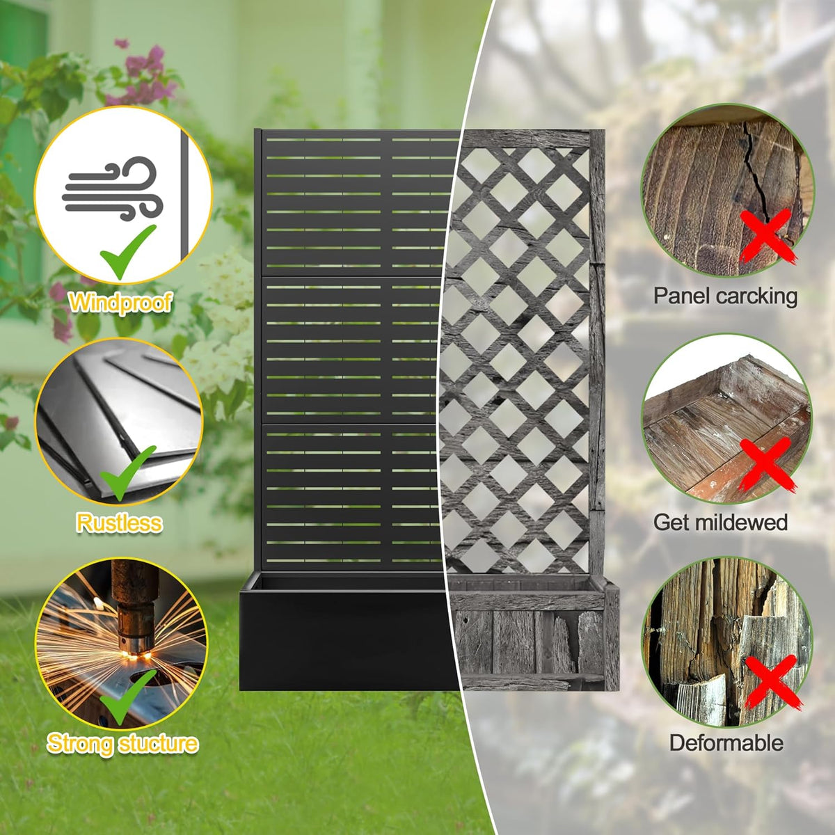 FENCY Metal Raised Garden Bed with Trellis, Metal Planter with Trellis, Garden Box for Climbing Plants Vegetable, 89 cm (L x W x H) Metal Garden Bed with Drainage Holes (Black Louvre) - QUORE