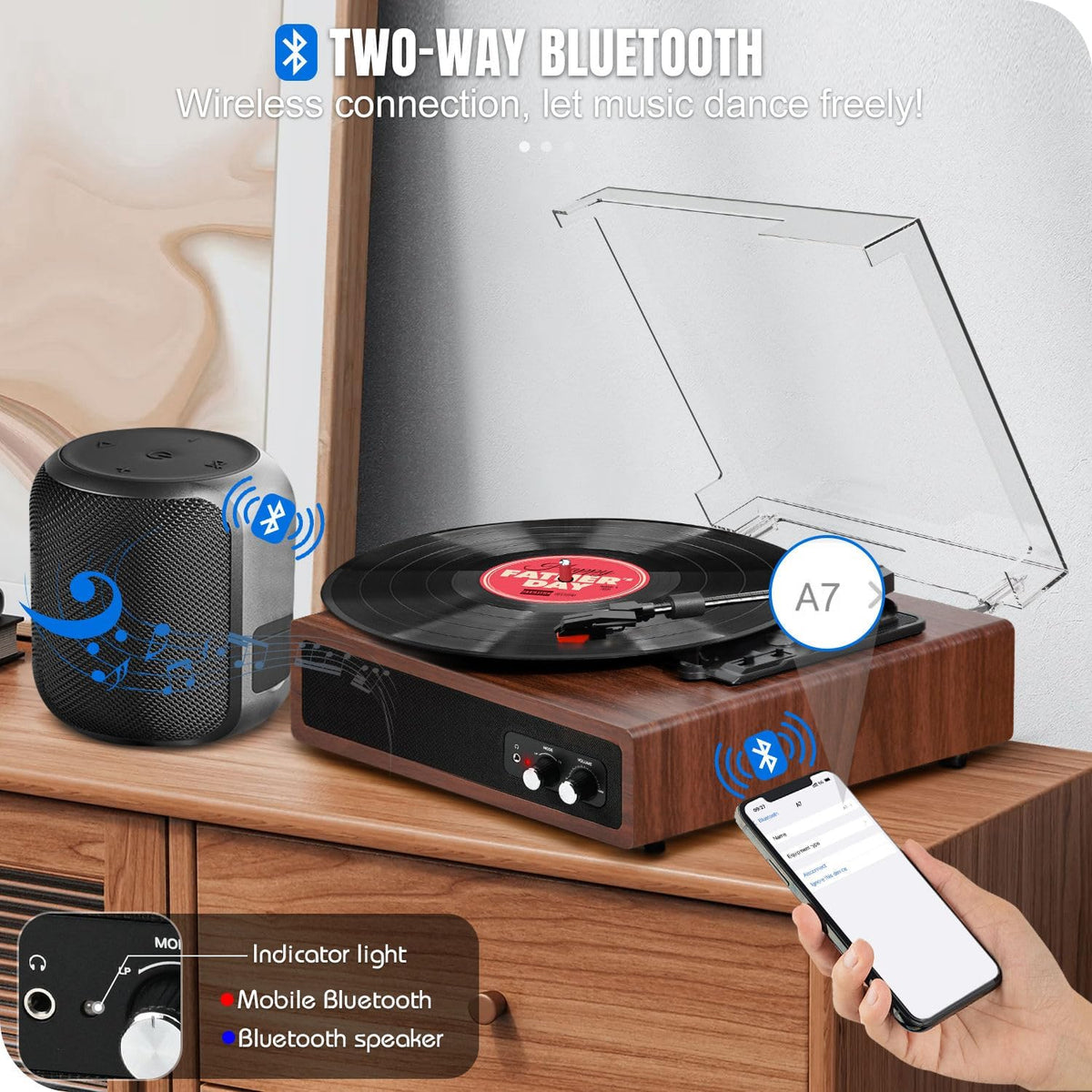 Platenspeler – Draaitafel – Vinylspeler – Grammofoon – LP Speler – Kastanjebruin – Bluetooth In/Uit – Ingebouwde Stereo-Luidsprekers
