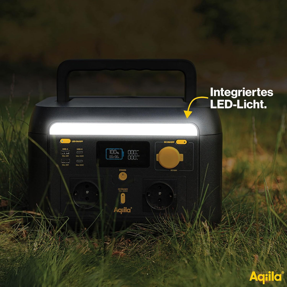 Powerstation 614Wh 1000W – Portable generator with LiFePO4, 2x AC (pure sine), USB-C/A, 12V, LED lamp, app control – Mobile power supply for camping & emergency power - QUORE