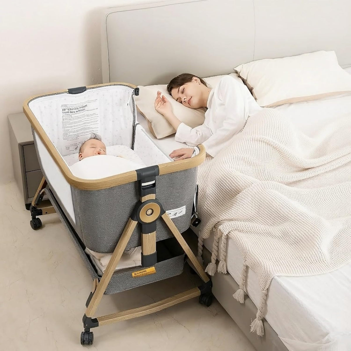 Maydolly Baby Cot,Baby Co-sleeper, 3 in 1 Cots, Bedroom Crib,Cot,High Quality Mattress ech Height Adjustment and Incline Adjustment, 4 Casters with Brake(Grey) - QUORE