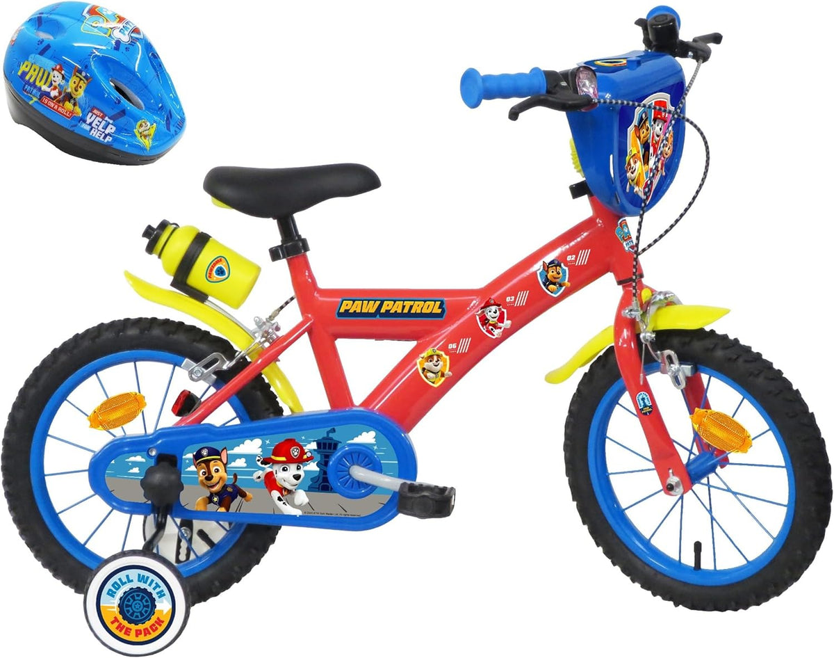 Paw Patrol kinderfiets, 14 inch, uitgerust met 2 remmen, decoratieve voorplaat, achterjerrycan en Paw Patrol-helm inbegrepen voor jongens, rood, 14