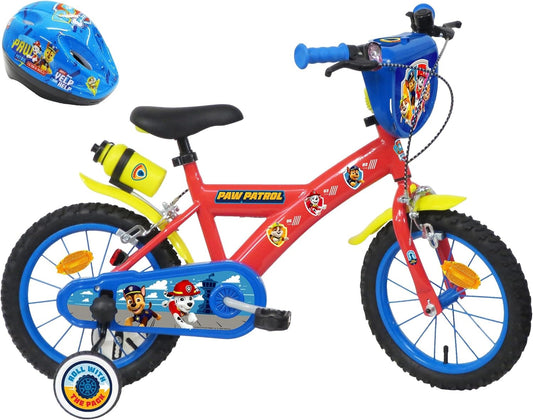 Paw Patrol kinderfiets, 14 inch, uitgerust met 2 remmen, decoratieve voorplaat, achterjerrycan en Paw Patrol-helm inbegrepen voor jongens, rood, 14