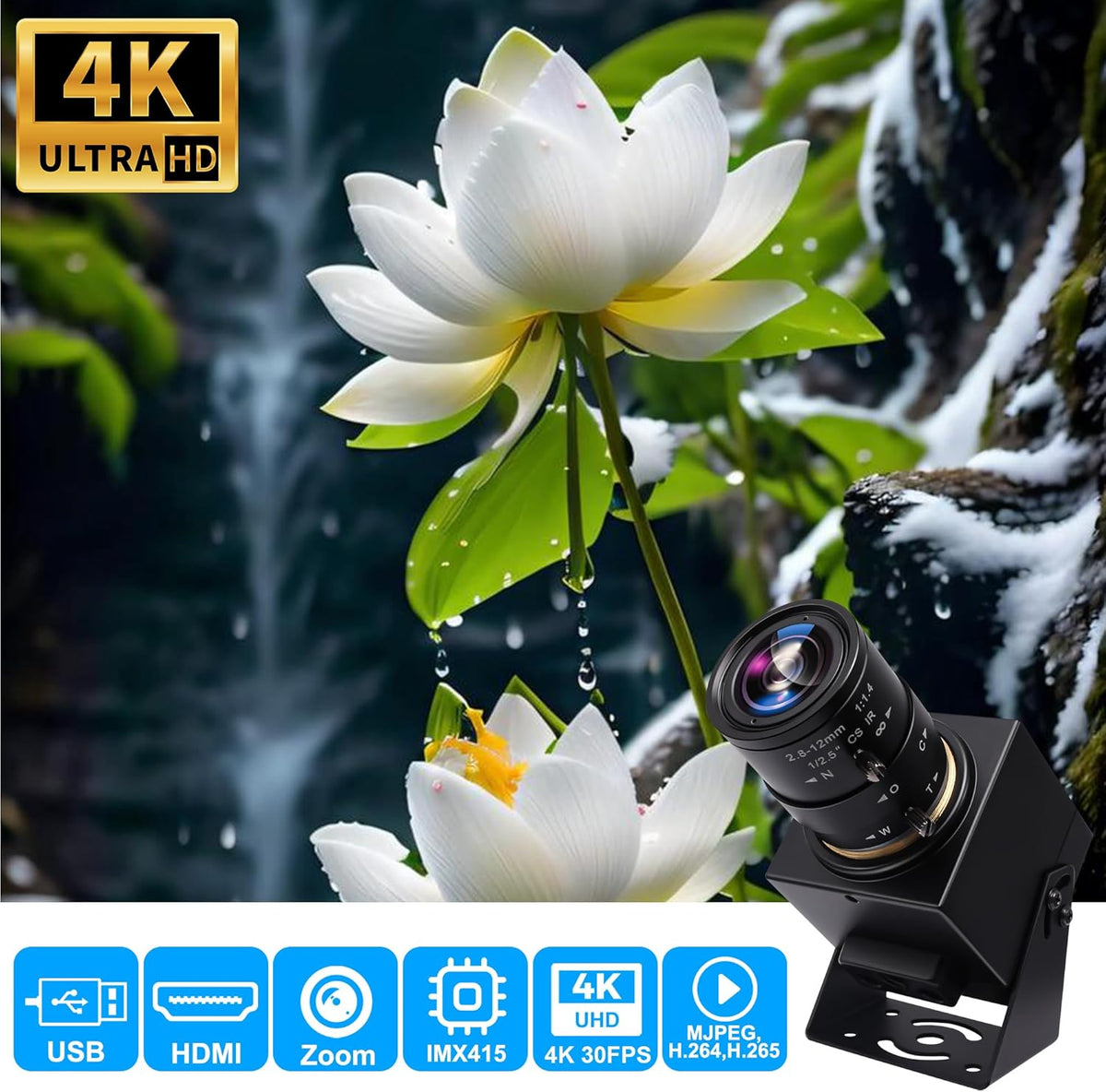 Svpro 4K USB HDMI-camera, handmatige focus, webcam voor close-ups met 2,8-12 mm zoomlens, plug and play-camera voor industrie, streaming en thuisvideo, externe camera voor computer, laptop, monitor,