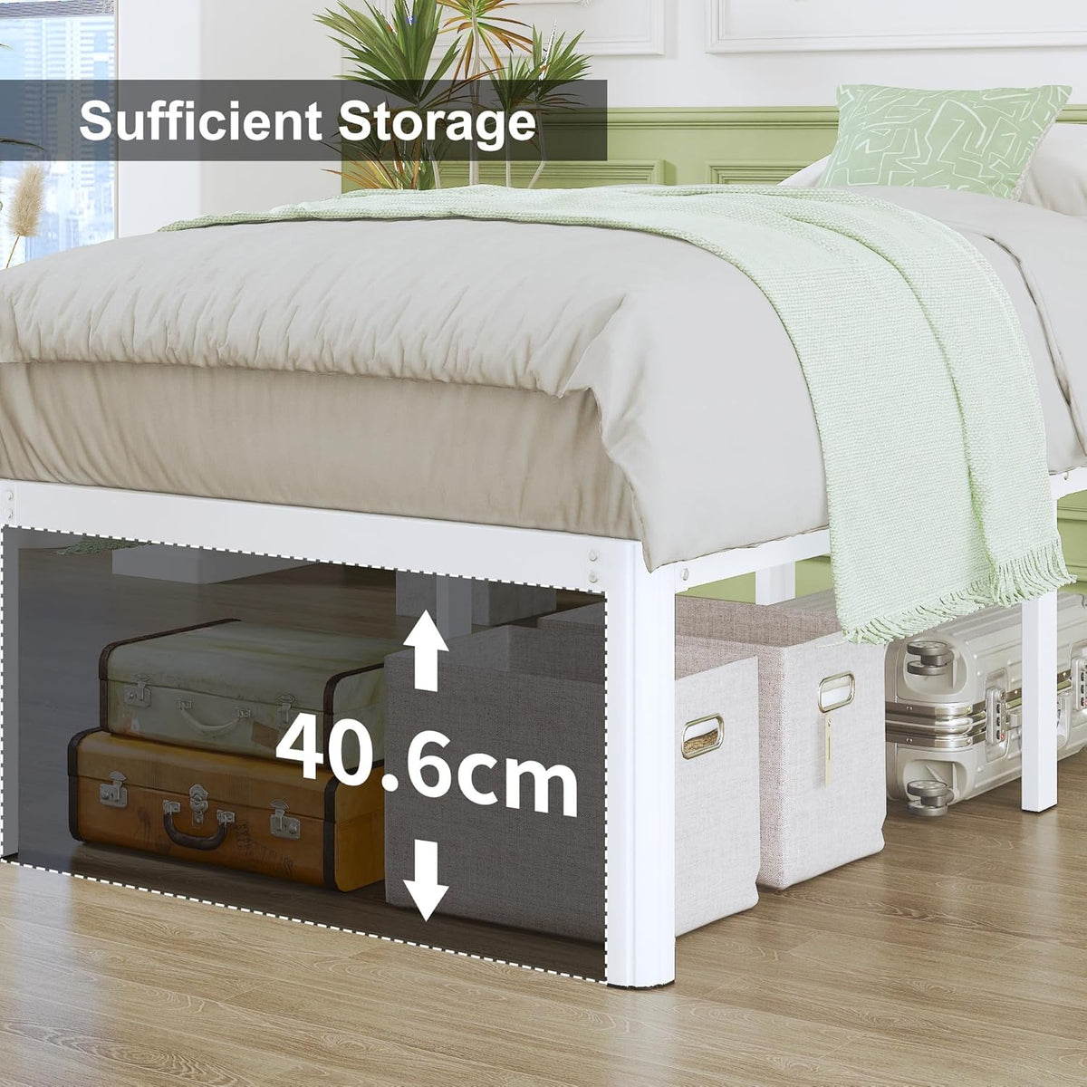 Lutown-Teen Metalen Bedframe 160x200 cm met Ronde Hoekpoten, Hoogte 46cm, Bed Frame 160 x 200 met Lattenbodem Van Metaal, Stabiel, Eenvoudige Montage, Veel Opbergruimte, Wit