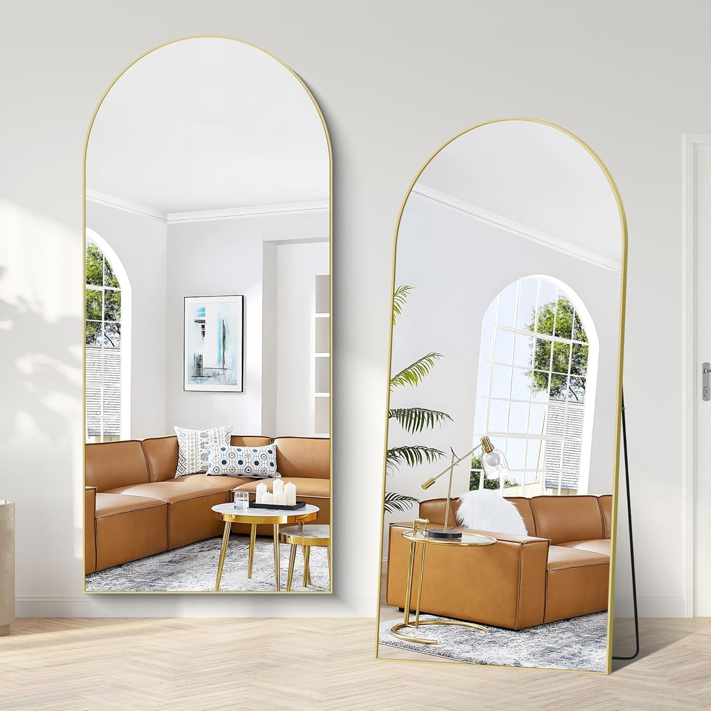 Weare Home Boogvormige staande spiegel, 192 x 85 cm, grote staande spiegel met aluminium frame, om op te hangen of te staan, staande spiegel voor woonkamer, slaapkamer (goud)