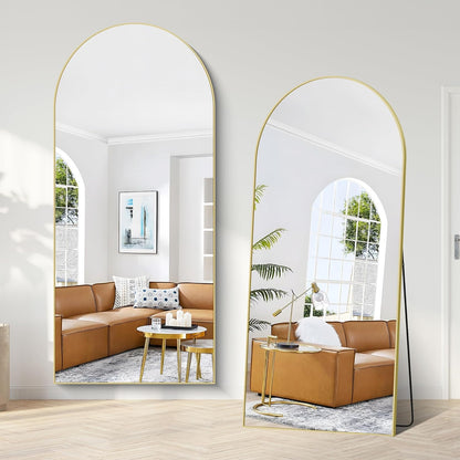 Weare Home Boogvormige staande spiegel, 192 x 85 cm, grote staande spiegel met aluminium frame, om op te hangen of te staan, staande spiegel voor woonkamer, slaapkamer (goud)