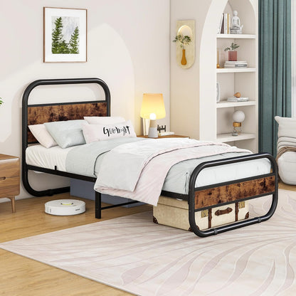 HOMERECOMMEND 3ft eenpersoons bedframe met hoofdeinde, ovaalvormig platformbed met opbergruimte onder het bed, stalen latten matrasbodem met rond pijpontwerp, bruin