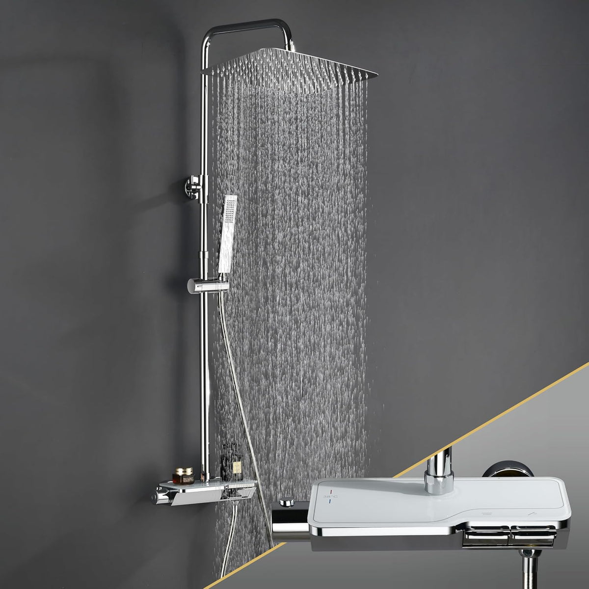 Roestvrijstalen Doucheset – Douchesysteem – Regendouche – Douchekolom – Handdouche – Thermostatische Mengkraan – XXL Regenhoofddouche 35x25 cm – Roestvrij Staal