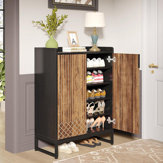 Tribesigns Shoe Cabinet with Doors, 5 Layers Shoe Storage Cabinet for Entrance, 25 Pairs Wooden Shoe Cabinets, Modern Shoe Organizer Storage for Living Room, Bedroom, Brown and Black