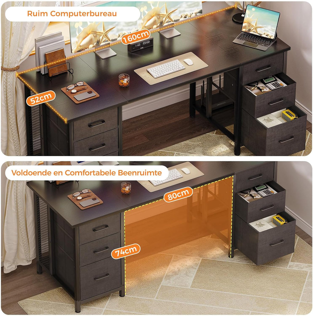 Coleshome Bureau met 6 lades, 160x52 cm Bureau met opslagruimte, Computerbureau met Planken voor Thuiskantoor, Zwart