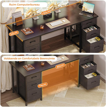 Coleshome Bureau met 6 lades, 160x52 cm Bureau met opslagruimte, Computerbureau met Planken voor Thuiskantoor, Zwart