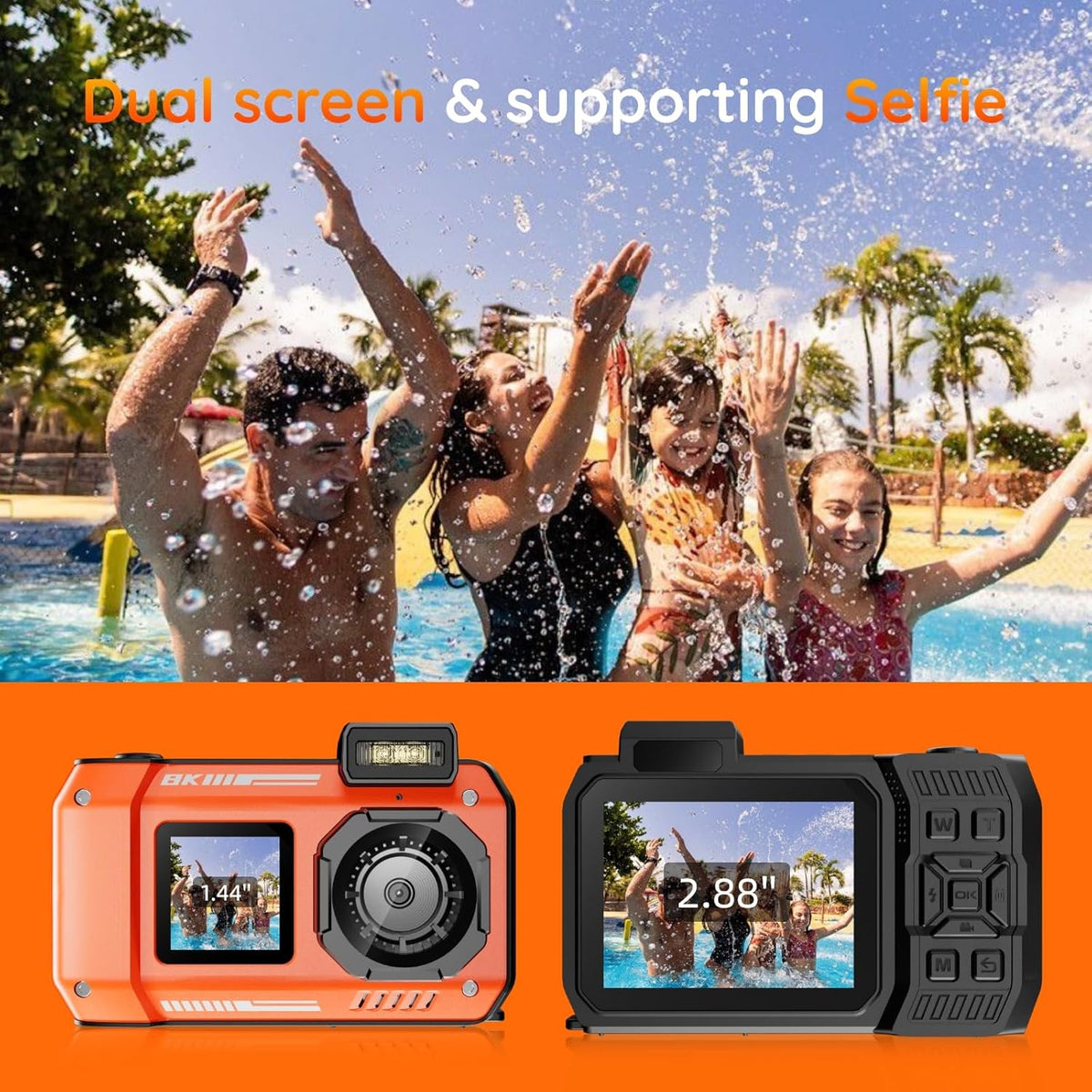 MaxMango Digitale camera, 8K en 33FT onderwatercamera met 64 GB, 2,8 inch dubbele beeldschermen, selfie, waterdicht, stofdicht, schokbestendig, compact, voor kinderen, tieners, beginners