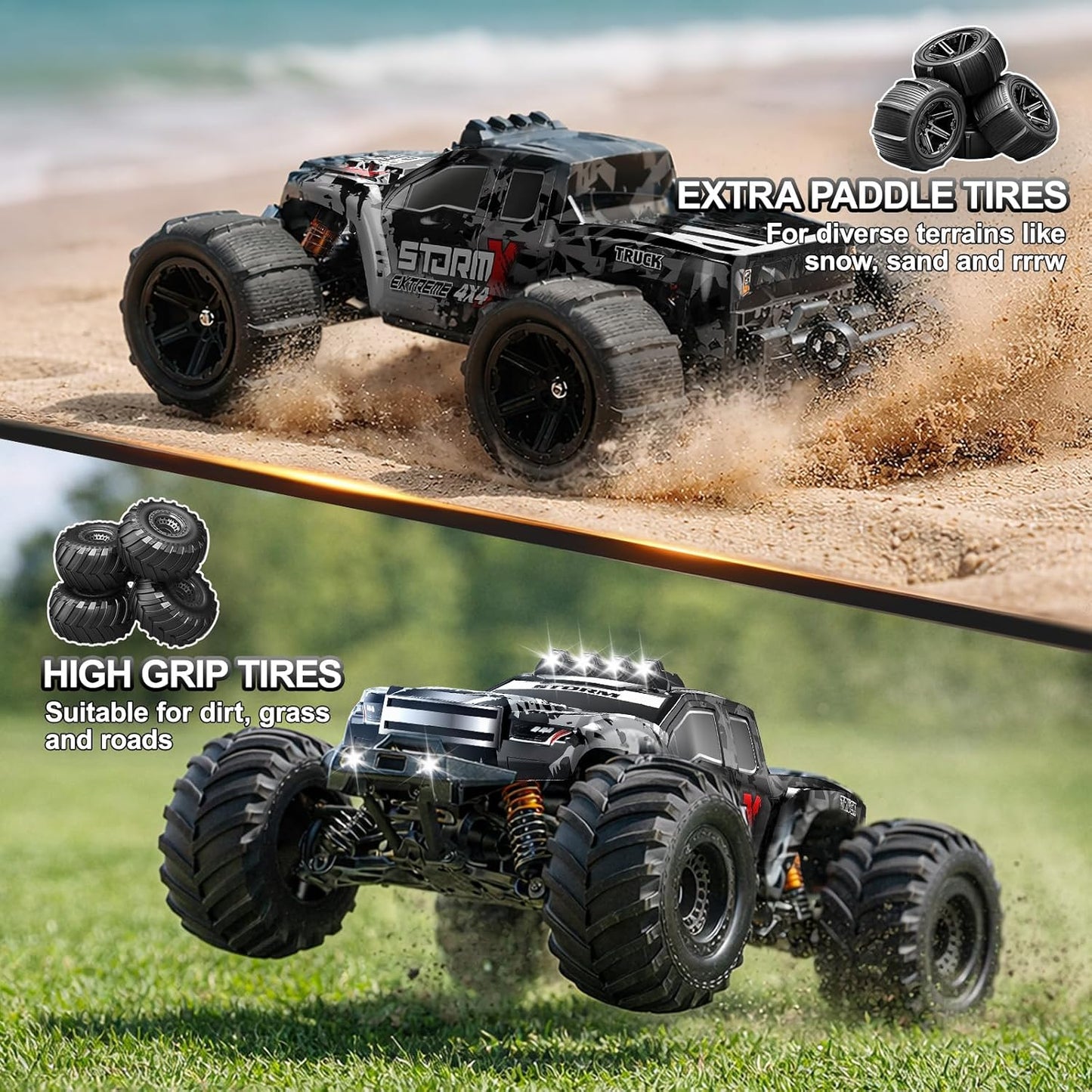 RC Auto 1:14 – RC Wagen – Radiografisch Bestuurbare Auto – Monstertruck – Offroad Voertuig – 4x4 Vierwielaandrijving – 40 km/u Snelheid – 2×1300mAh Batterijen & 2 Sets Banden