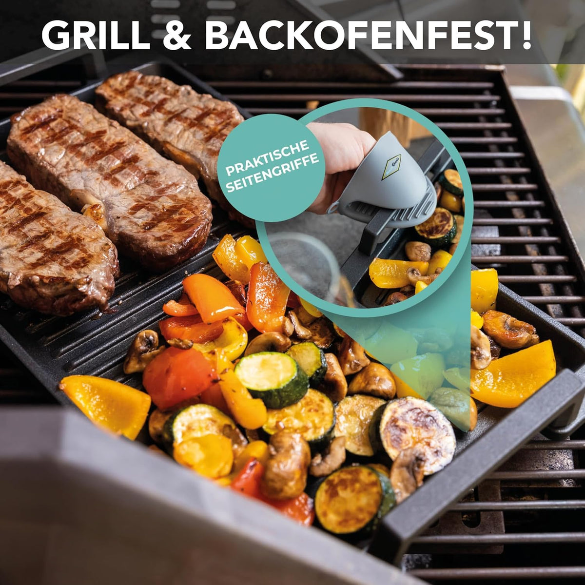 Gegoten aluminium grillplaat Teppanyaki (41 x 24 x 2,5 cm) voor inductie en alle gangbare kookplaten - keramisch oppervlak - anti-aanbaklaag - antislip - Made in Germany - PFOA-vrij