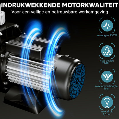 Wiltec poolpomp 19200 l/h 750 W zwembadpomp met 3,5 meter aanzuighoogte, filterpomp voor pools, circulatiepomp met ingebouwde vezelopvang