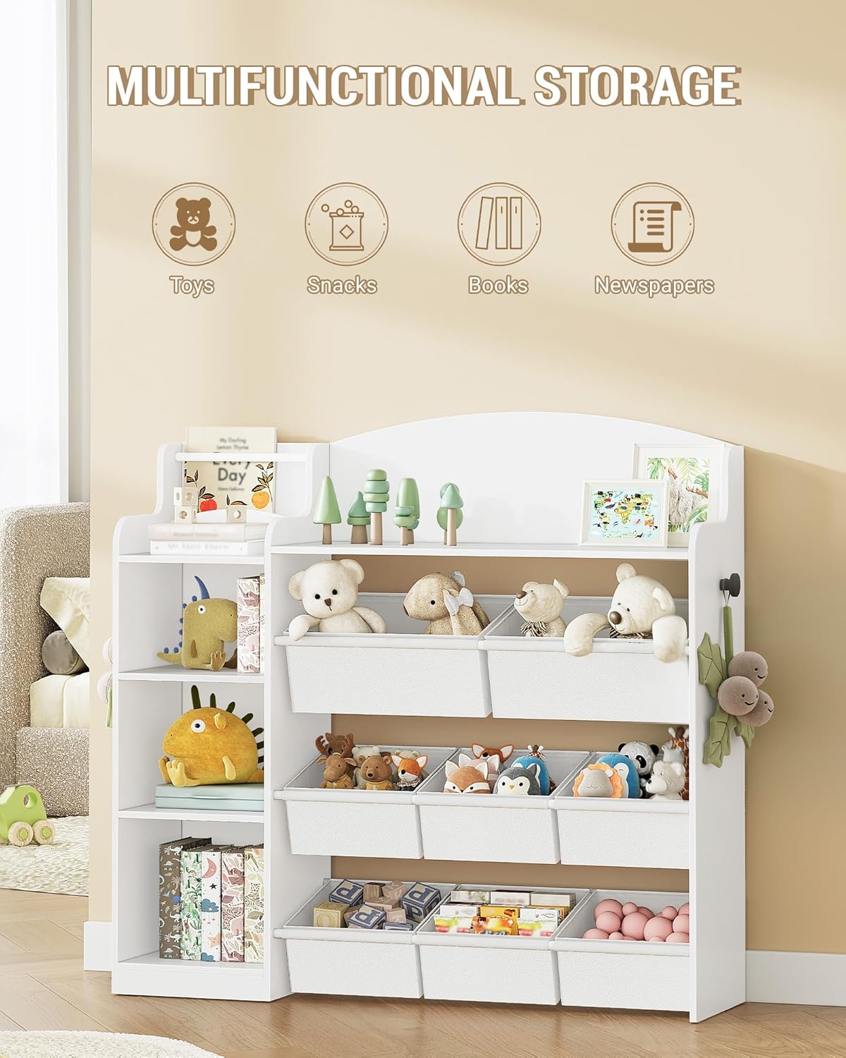 Hzuaneri Children's Bookshelf, Wooden Bookshelf, Toy Shelf with 8 Non-woven Boxes, Suitable for Children's Room, Living Room, Study Room White 30 x 110 x 104 cm KB42003W
