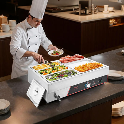 VEVOR Voedselwarmer met 6 containers van 1/3 formaat en netsnoer, roestvrij staal, 1500 W, voor waterbad, restaurants, feestjes en buffetten, 690 x 570 x 220 mm