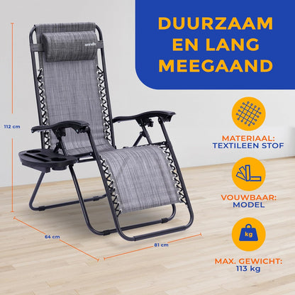 Serenelife Sun Lounger, Set of 2 Sun Loungers - Adjustable Garden Loungers with Side Table, Cup Holders, Removable Cushions - Foldable and Portable Lounge Chairs for Terrace, Garden, Beach - Anthracite - QUORE