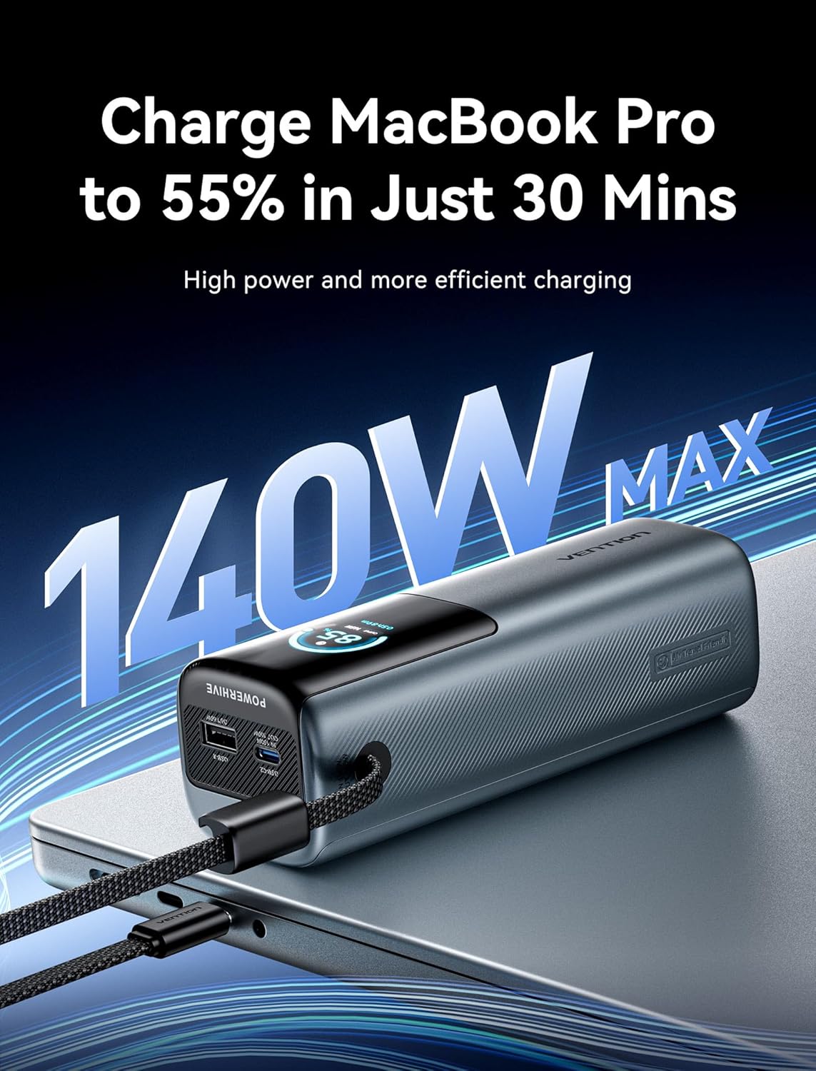 VENTION Powerbank 27000mAh 200W - Snelladen 3-Poorts Powerbank met Emoji-animaties - Draagbare Accu voor Laptops, MacBook Pro, iPhone 17/16/15, iPad, Galaxy S25