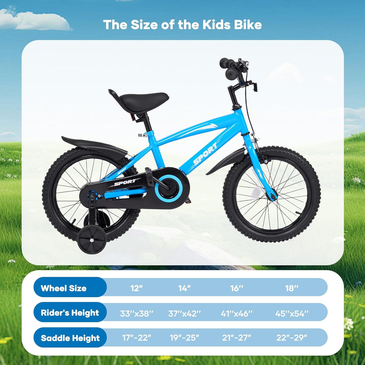 BODIOO Kinderfiets, 12 inch, met verstelbare zitting, dubbele remmen, steunwielen, reflector en spatbord, geschikt voor bestuurders van 84 tot 97 cm (blauw)
