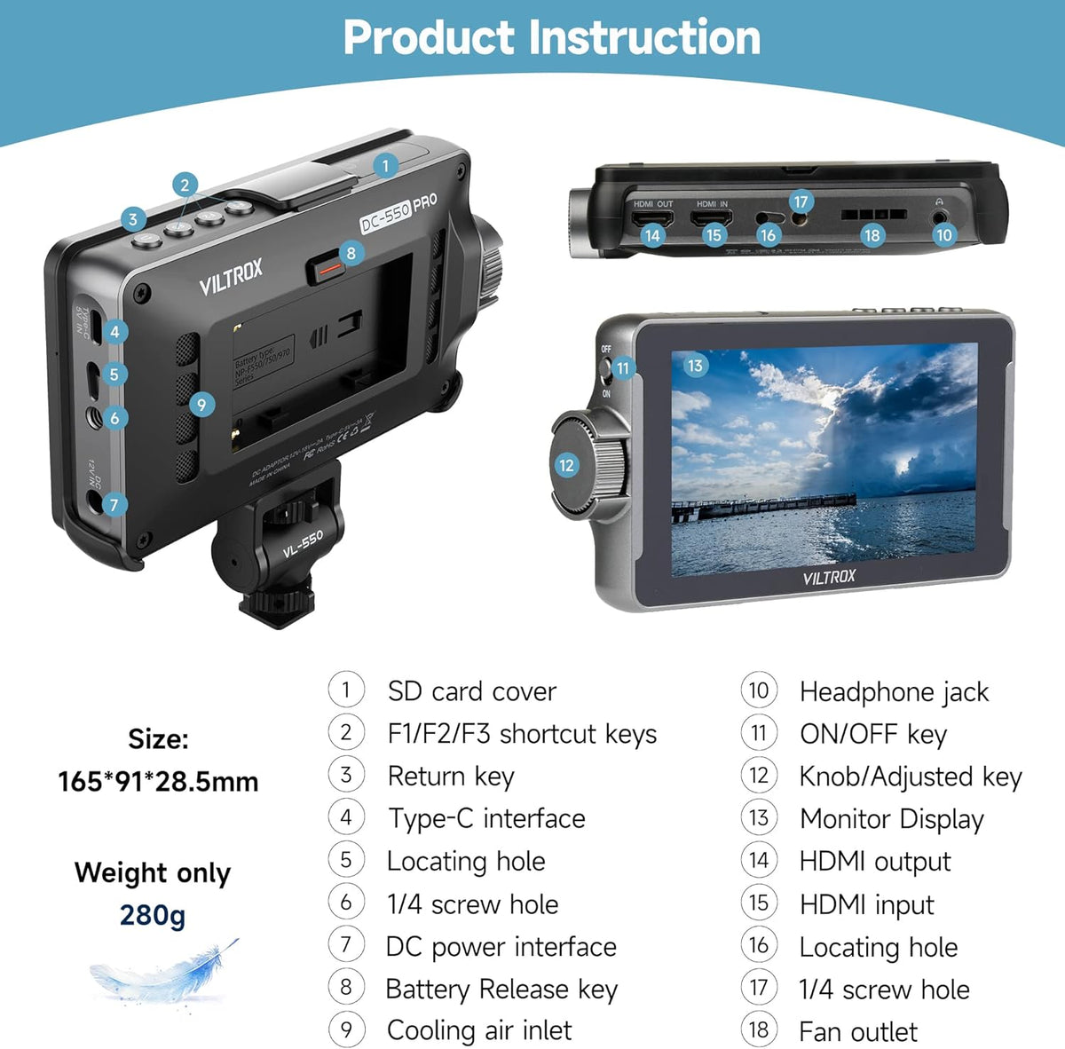 VILTROX DC-550 Touchscreen camera Field Monitor 5,5 inch 1200 Nits DSLR Camera Monitor 4K HDMI ingang/uitgang Full HD 1920x1080 IPS 3D-Lut Video Peaking Focus Assist met accu en zonnekap